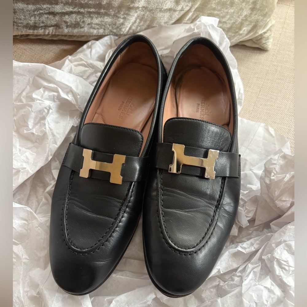 Hermes Leather Loafers shoes silver H Buckle 36 6 5.5